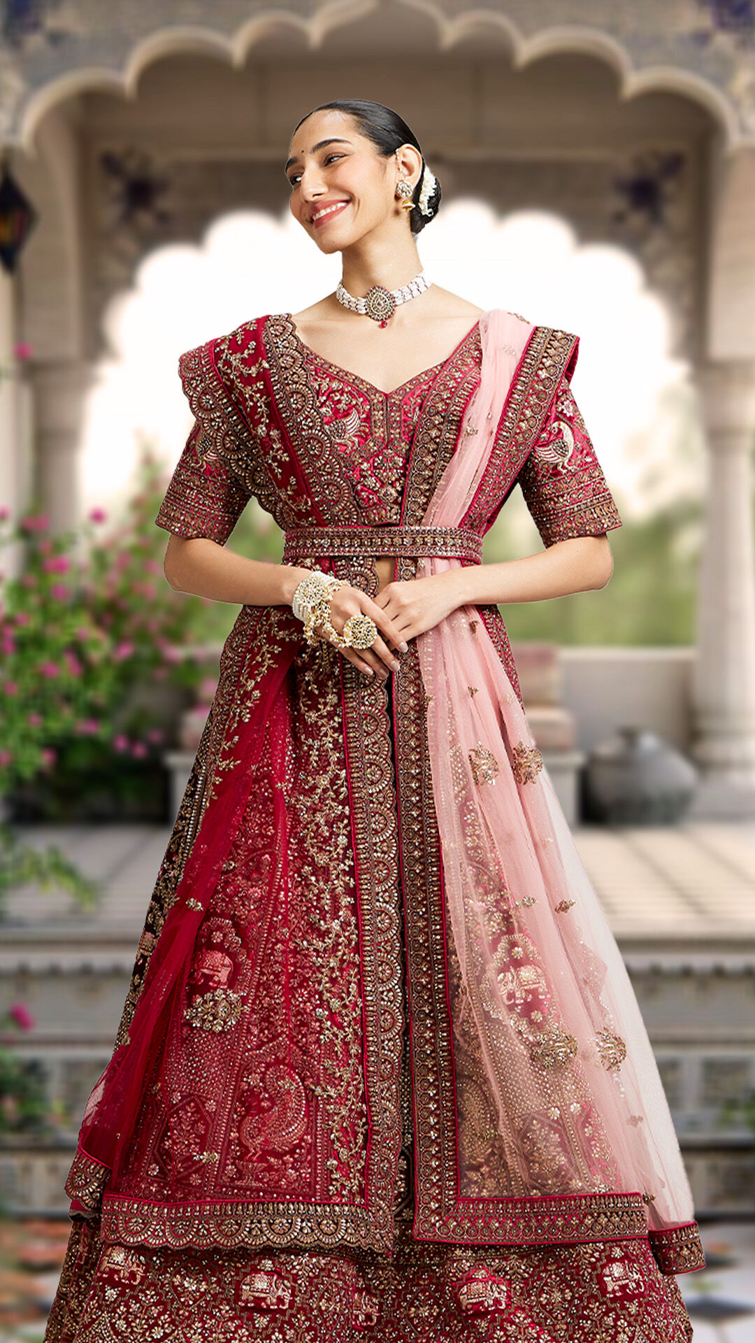 Women in elegant pink bridal lehenga 